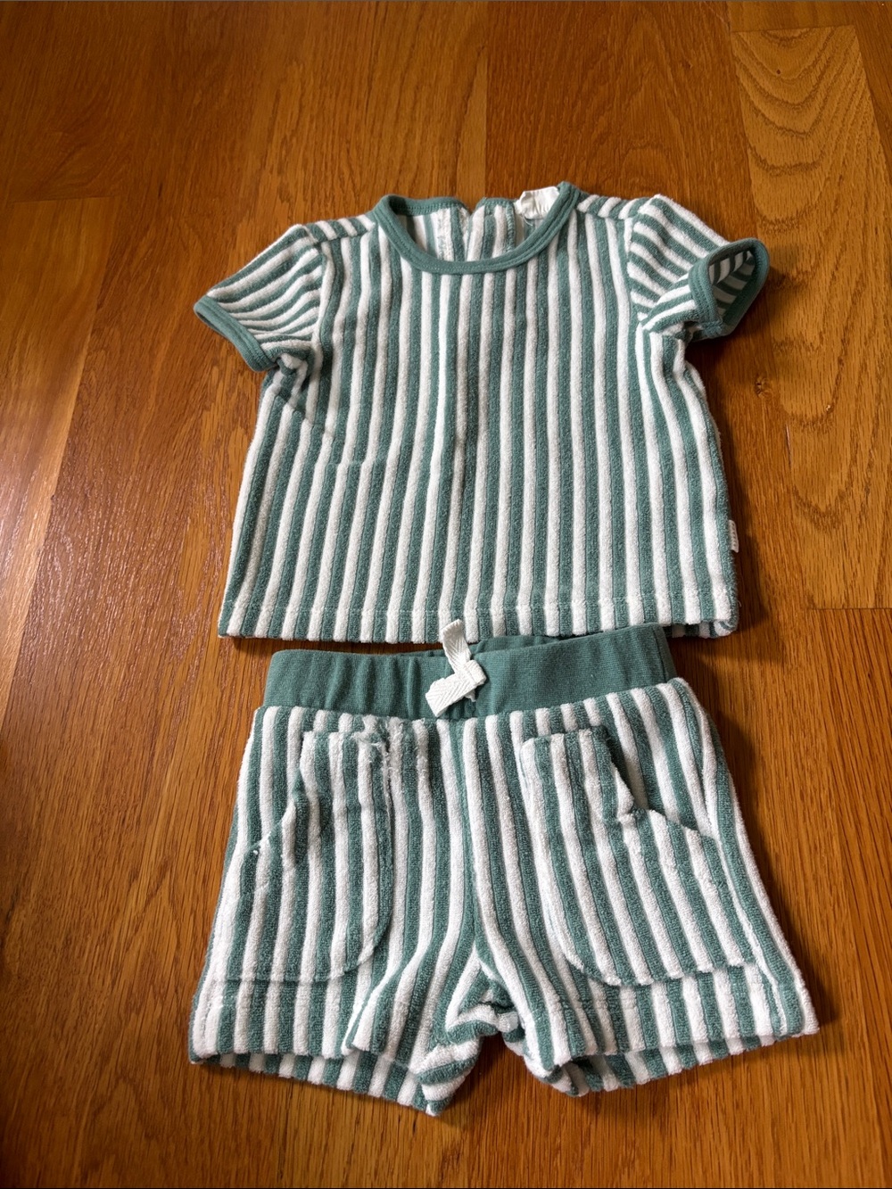 Petit Lem Green & White Striped Kids Pajama Set - Short Sleeve Top & Shorts
